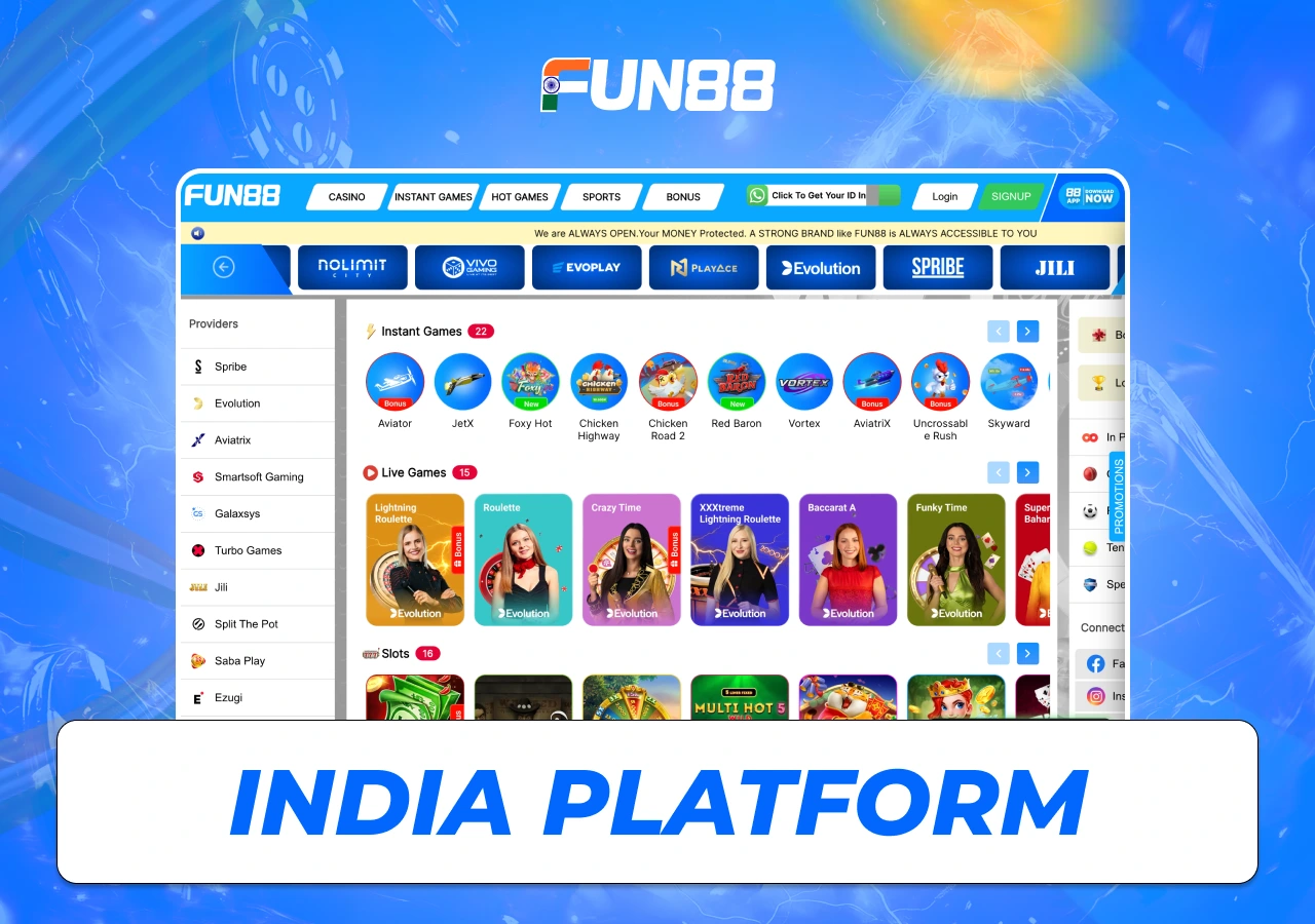 Overview of an Fun88 online betting and casino platform with multiple gaming categories
